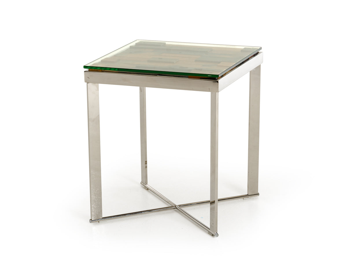 22-inch Mosaic Wood, Steel, and Glass End Table featuring a stylish mosaic top and sturdy steel legs, perfect for living room decor.