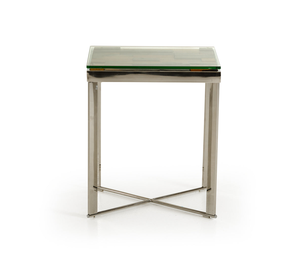 22-inch Mosaic Wood, Steel, and Glass End Table featuring a stylish mosaic top and sturdy steel legs, perfect for living room decor.