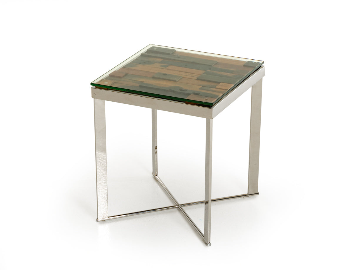 22-inch Mosaic Wood, Steel, and Glass End Table featuring a stylish mosaic top and sturdy steel legs, perfect for living room decor.