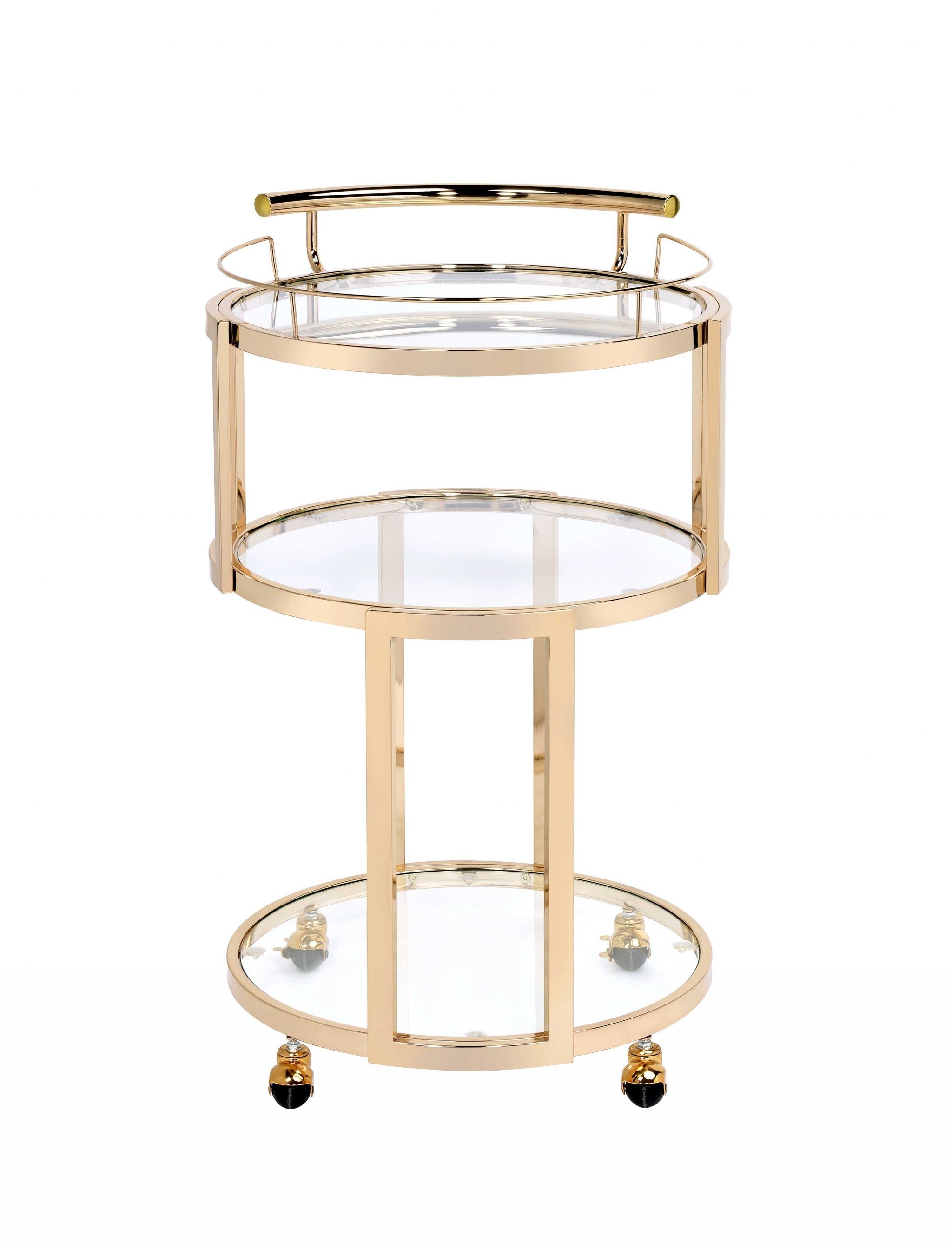 Elegant gold and clear glass serving cart with three shelves and caster wheels, perfect for serving meals and drinks.