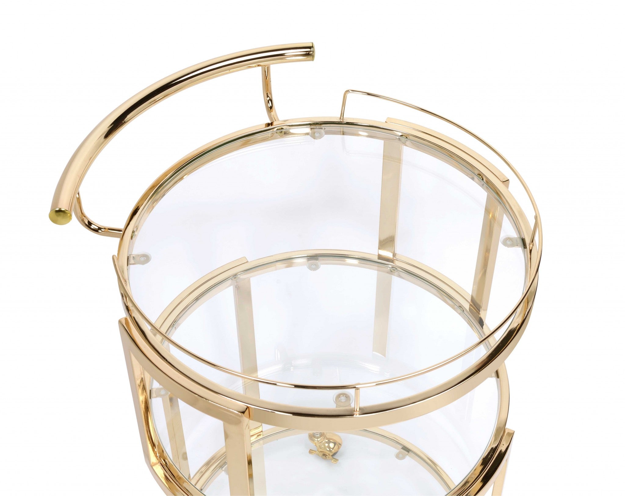 Elegant gold and clear glass serving cart with three shelves and caster wheels, perfect for serving meals and drinks.