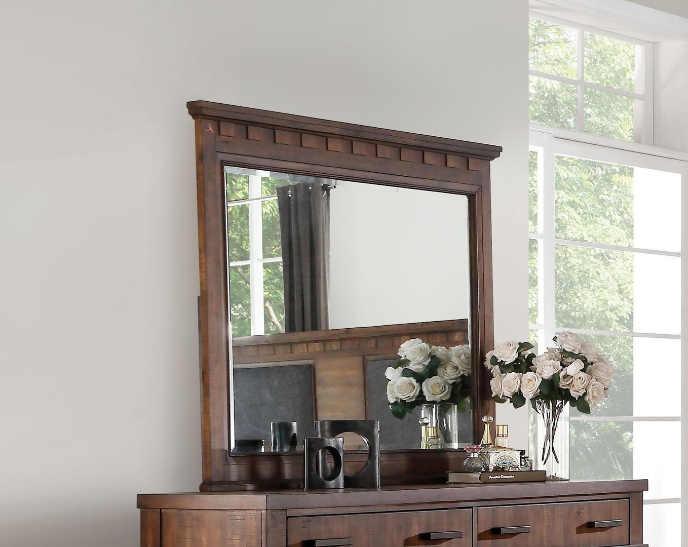 A beautifully crafted 42-inch cherry oak wood mirror with a beveled edge, designed for landscape orientation, showcasing its elegant finish.