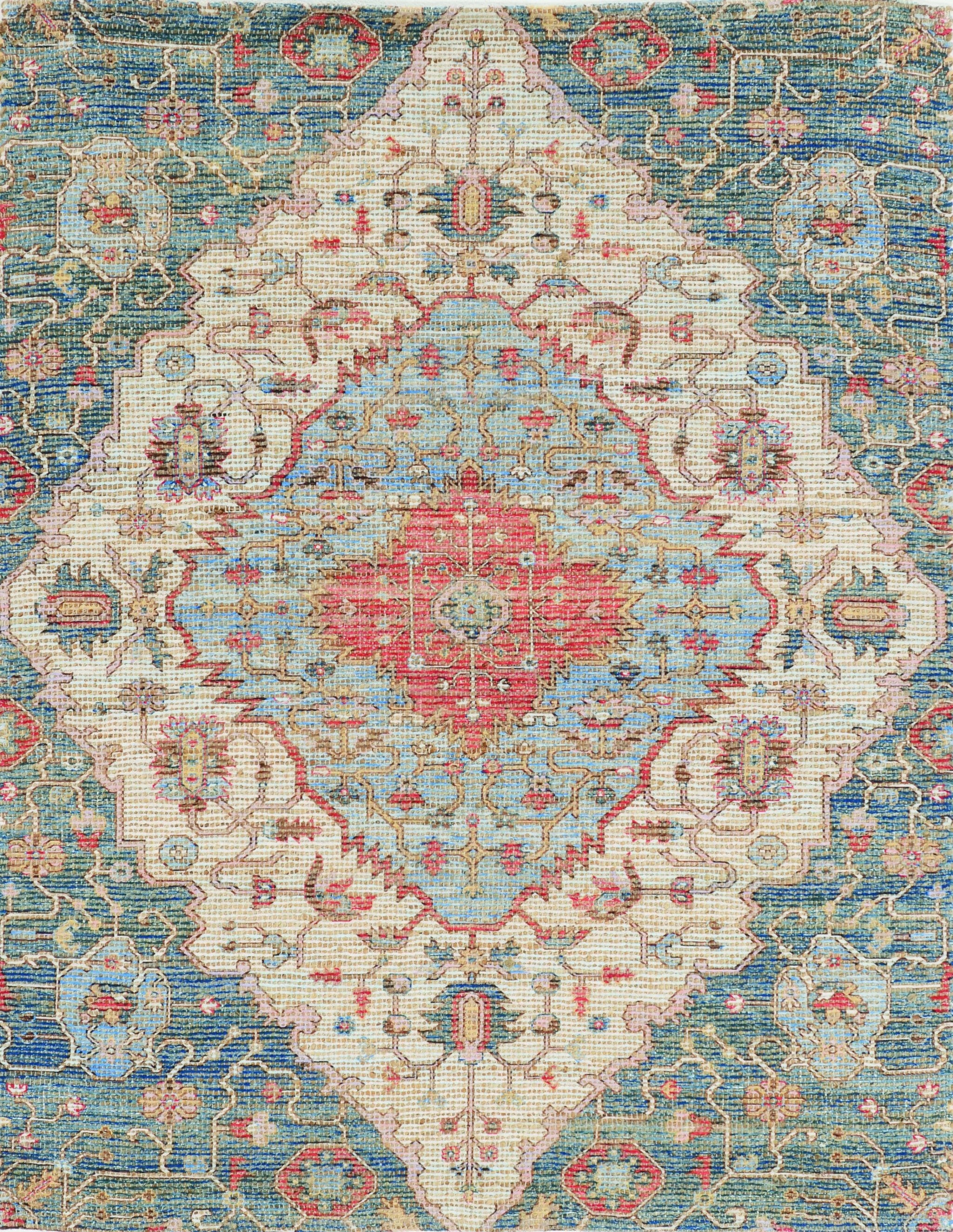 A vibrant 2x4 inches jute area rug in blue and red, hand-woven with no backing, showcasing contemporary design and traditional craftsmanship.