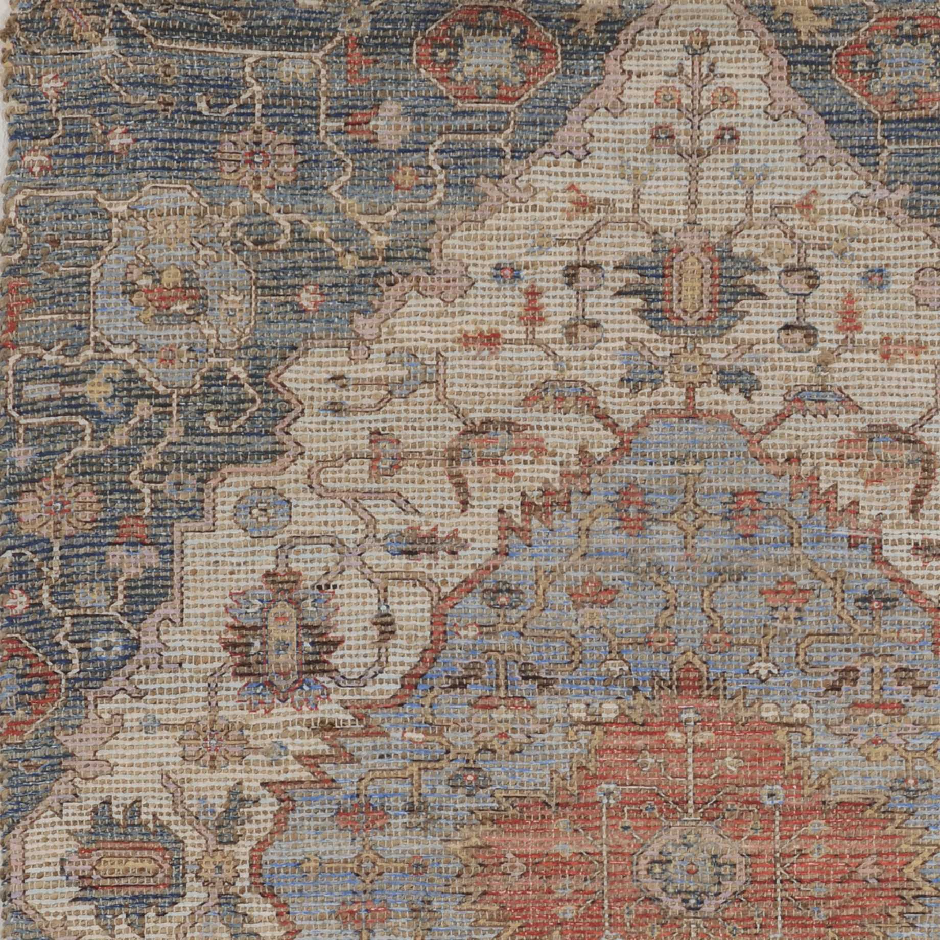 A vibrant 2x4 inches jute area rug in blue and red, hand-woven with no backing, showcasing contemporary design and traditional craftsmanship.