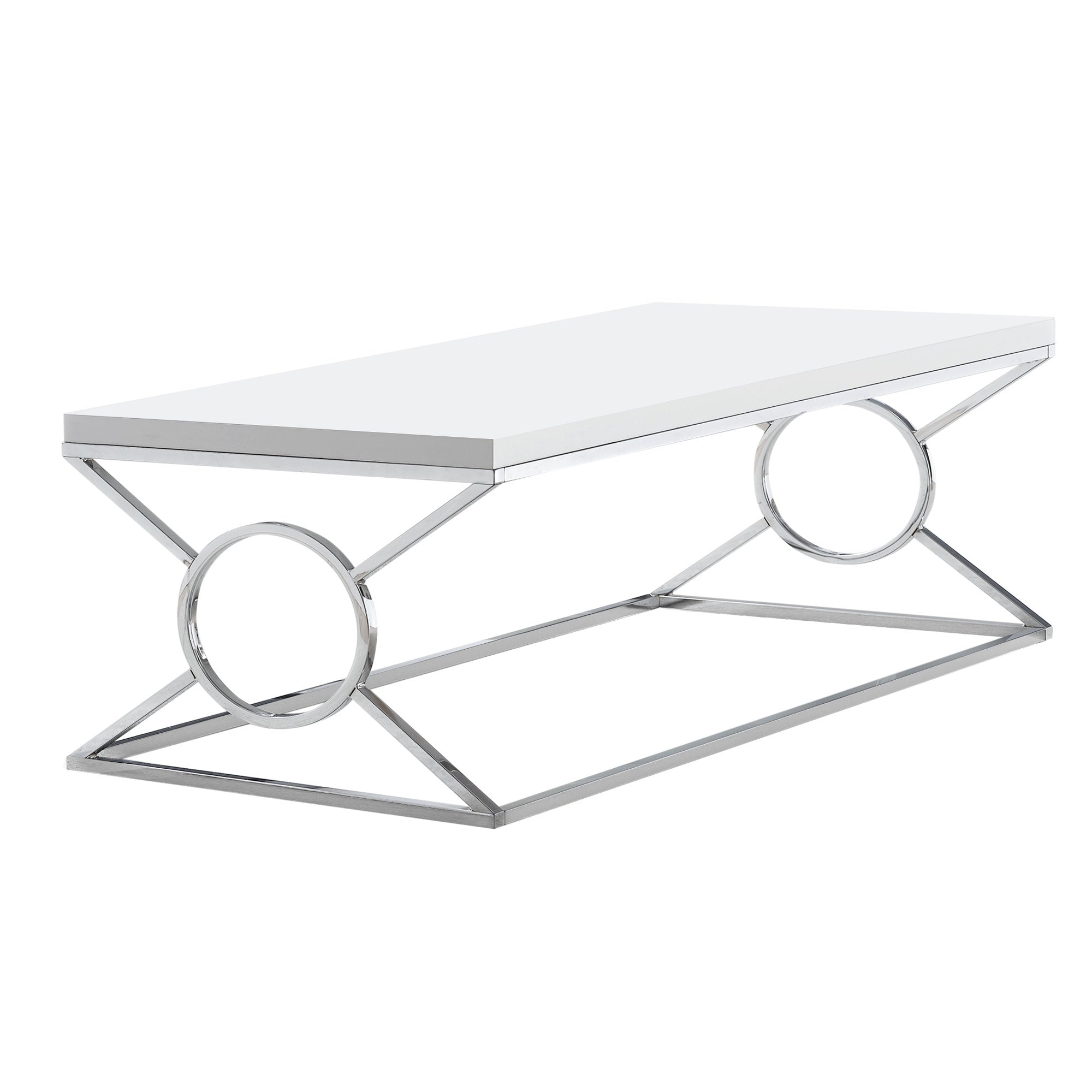 Elegant white metal coffee table measuring 22x44 inches, featuring a sleek design suitable for contemporary interiors.