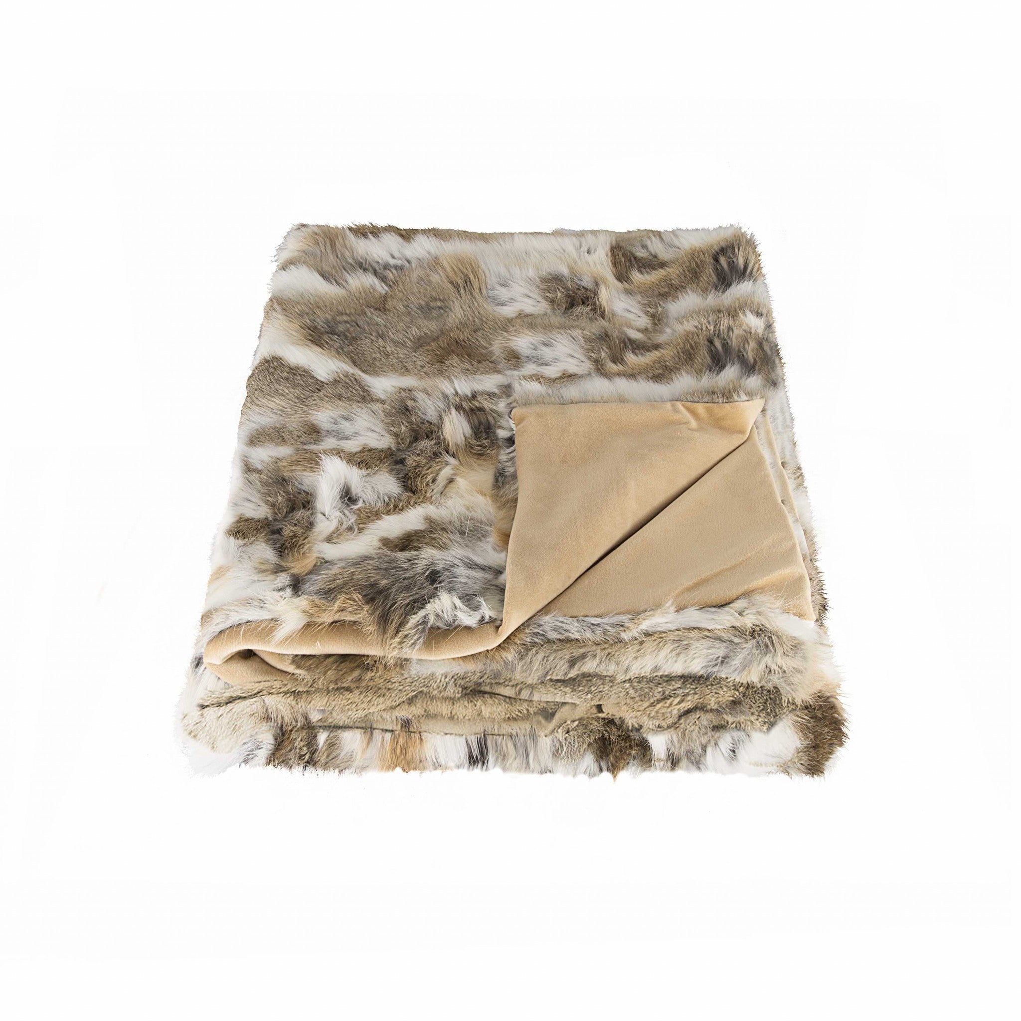 Luxurious 100% natural rabbit fur blanket in tan and white, showcasing its plush texture and elegant design.