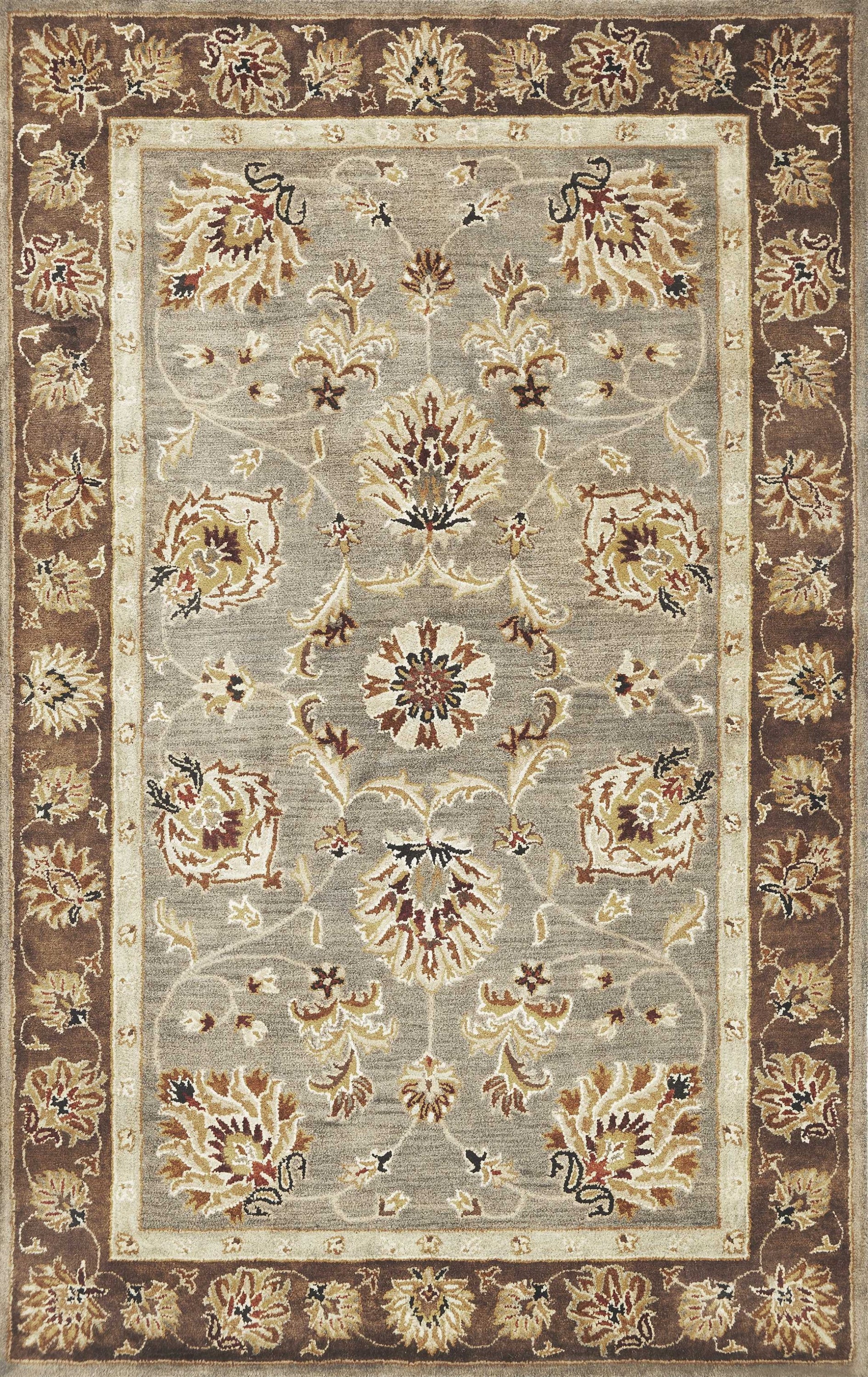 A beautifully designed 2x7 inches grey and mocha floral vines bordered wool runner rug, showcasing intricate patterns and high-quality craftsmanship.