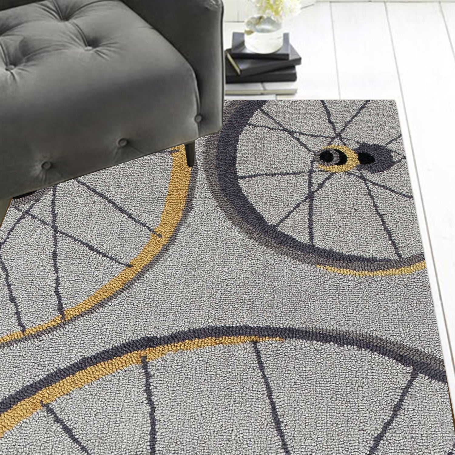 A stylish 2x7 inches grey wheels runner rug featuring a modern wheel pattern, perfect for enhancing home decor.