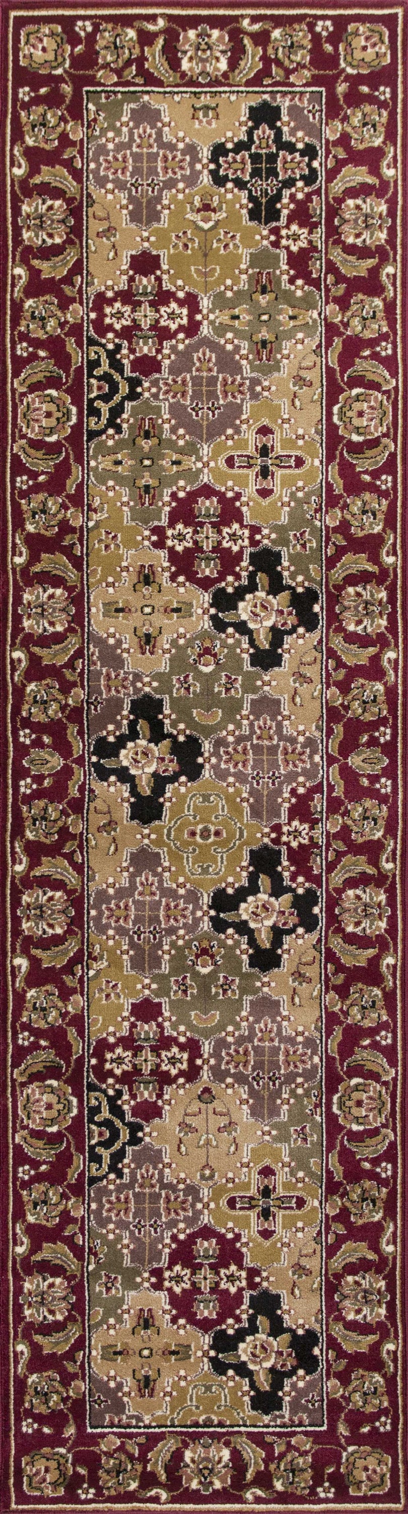 A vibrant red kashan panel runner rug measuring 2 inches by 8 inches, showcasing intricate patterns and a luxurious feel.