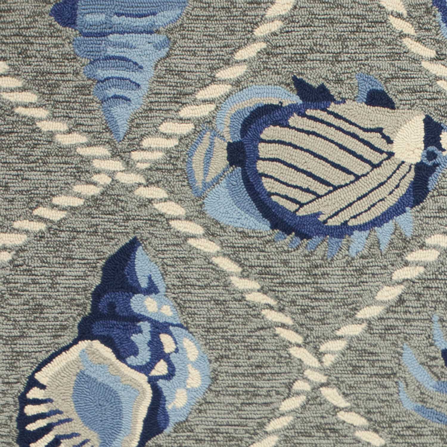 A 2x3 inches grey hand-hooked rug featuring coastal sea life designs, suitable for indoor and outdoor use.