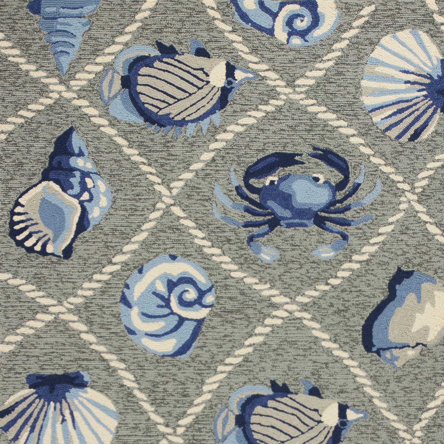 A 2x3 inches grey hand-hooked rug featuring coastal sea life designs, suitable for indoor and outdoor use.