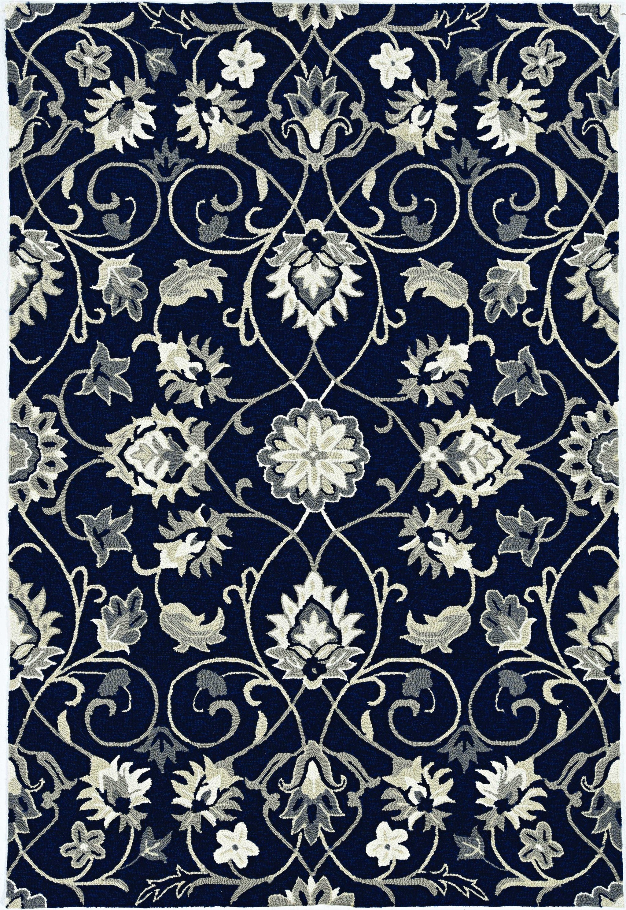 Navy blue hand hooked rug featuring floral vines design, suitable for indoor and outdoor use.