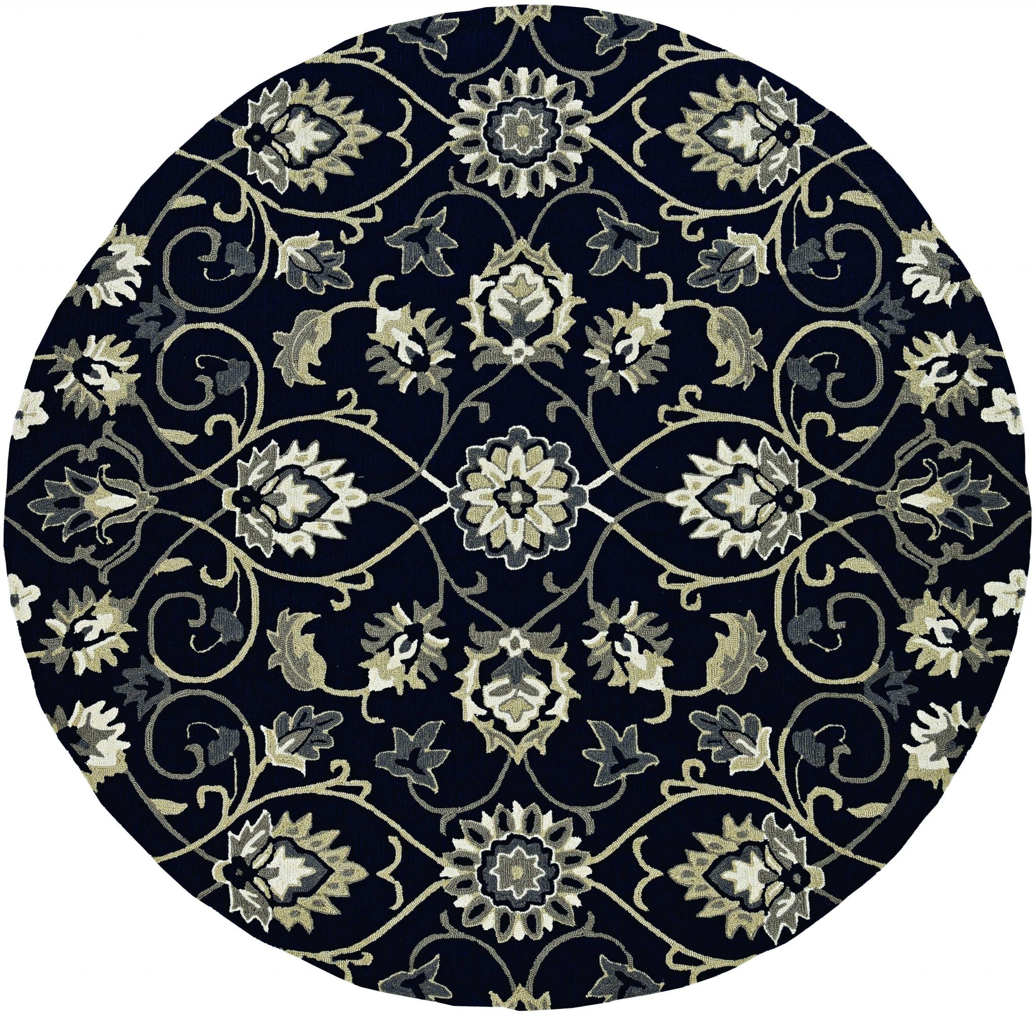 Navy blue hand hooked rug featuring floral vines design, suitable for indoor and outdoor use.