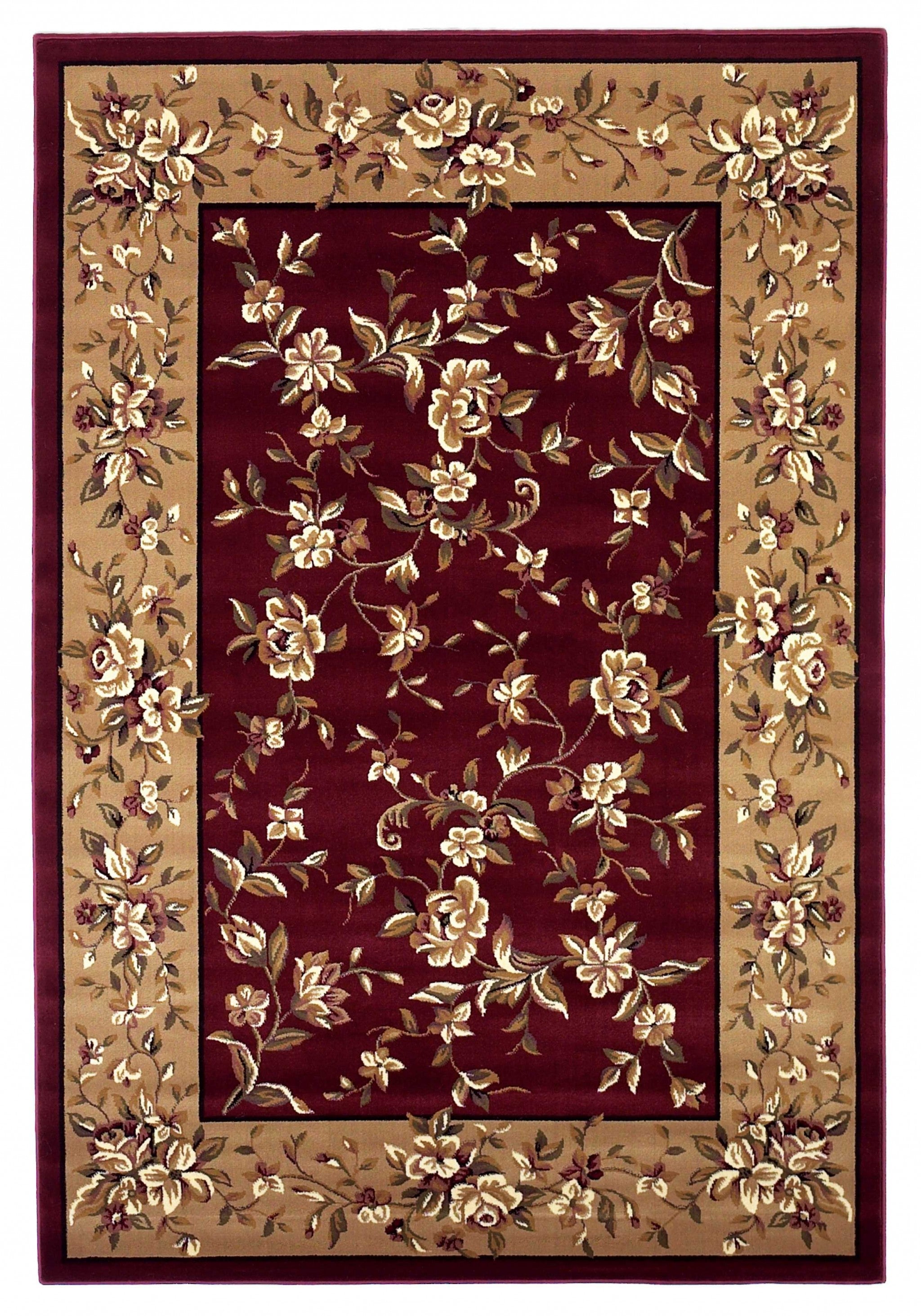 A beautiful red and beige floral traditional indoor rug, measuring 2x3 inches, showcasing intricate patterns and a machine-woven finish.