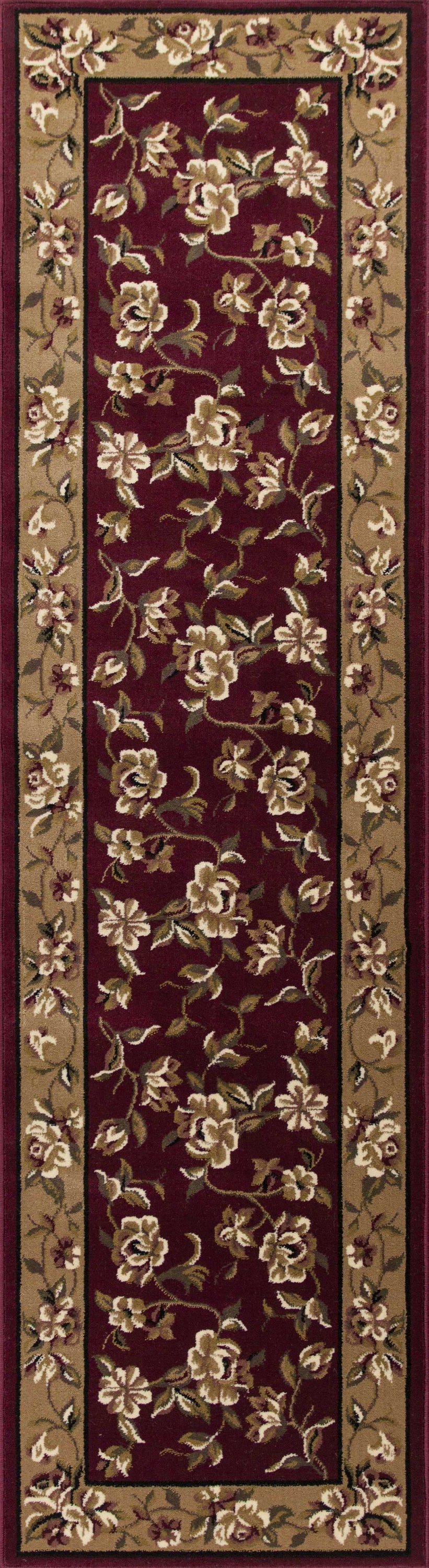 A beautiful red and beige floral traditional indoor rug, measuring 2x3 inches, showcasing intricate patterns and a machine-woven finish.