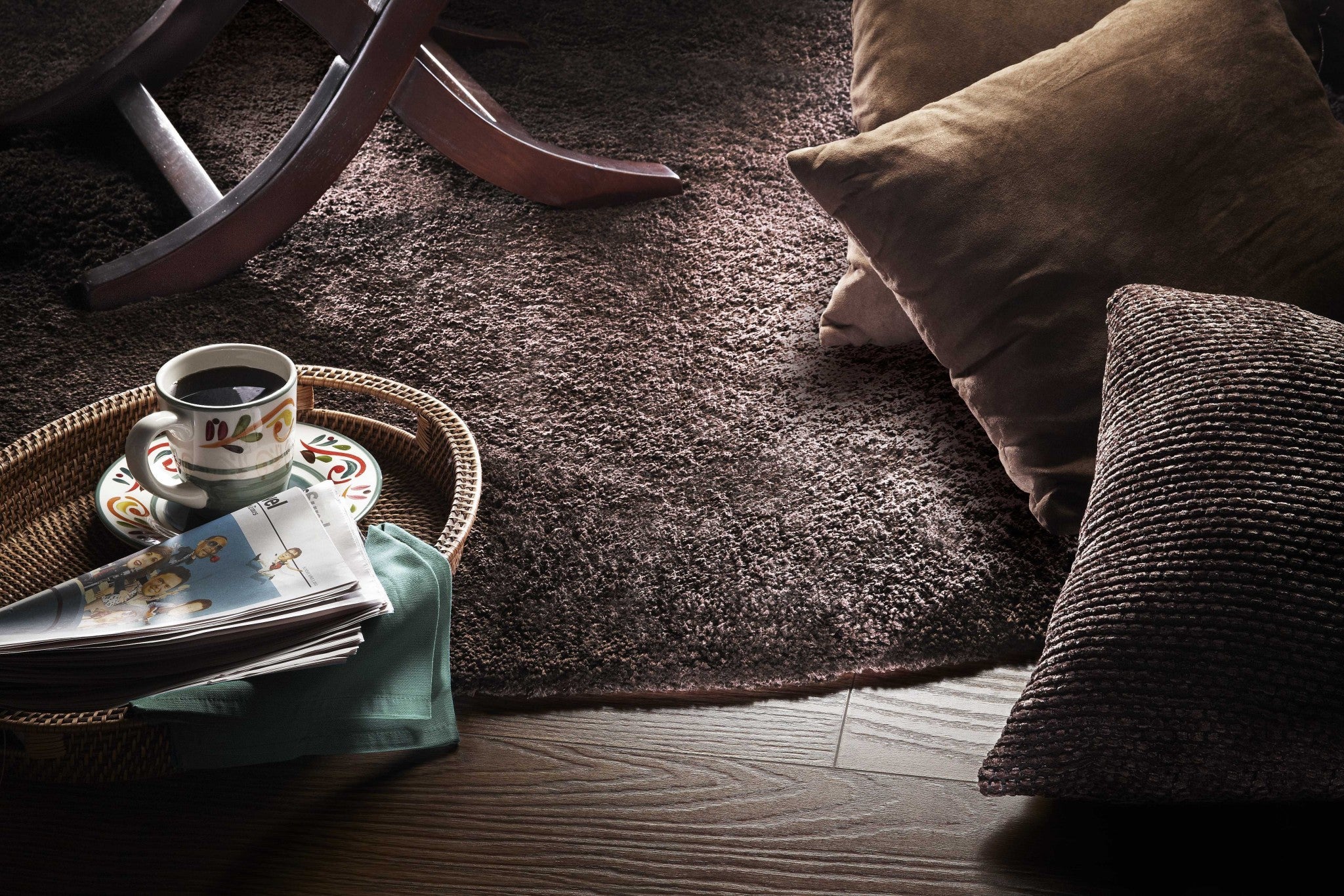 A luxurious 2x4 espresso brown indoor shag rug, showcasing its soft texture and rich color, perfect for enhancing home decor.