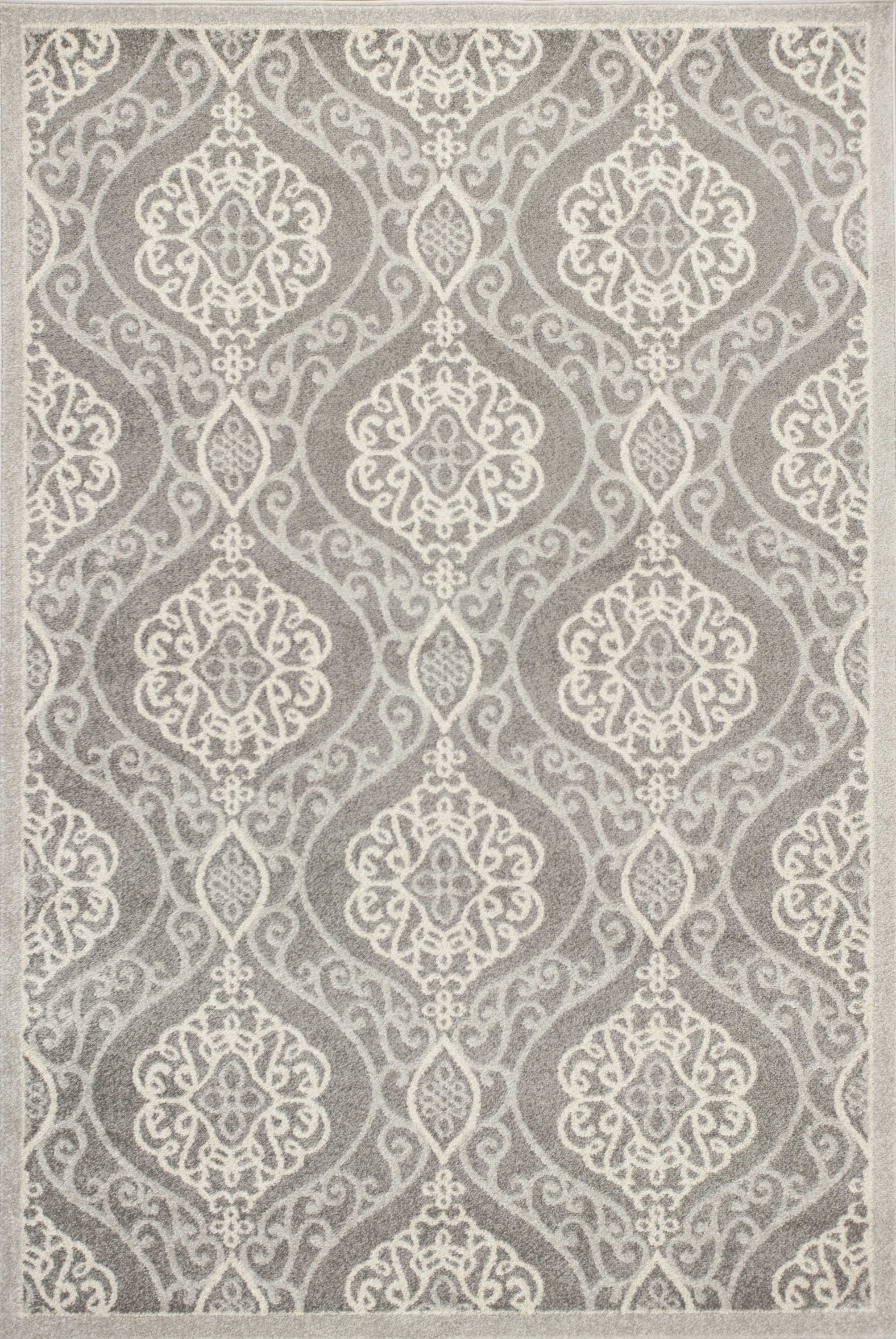 2x4 Silver Grey Machine Woven UV Treated Floral Ogee rug, showcasing elegant floral pattern and durable polypropylene material.