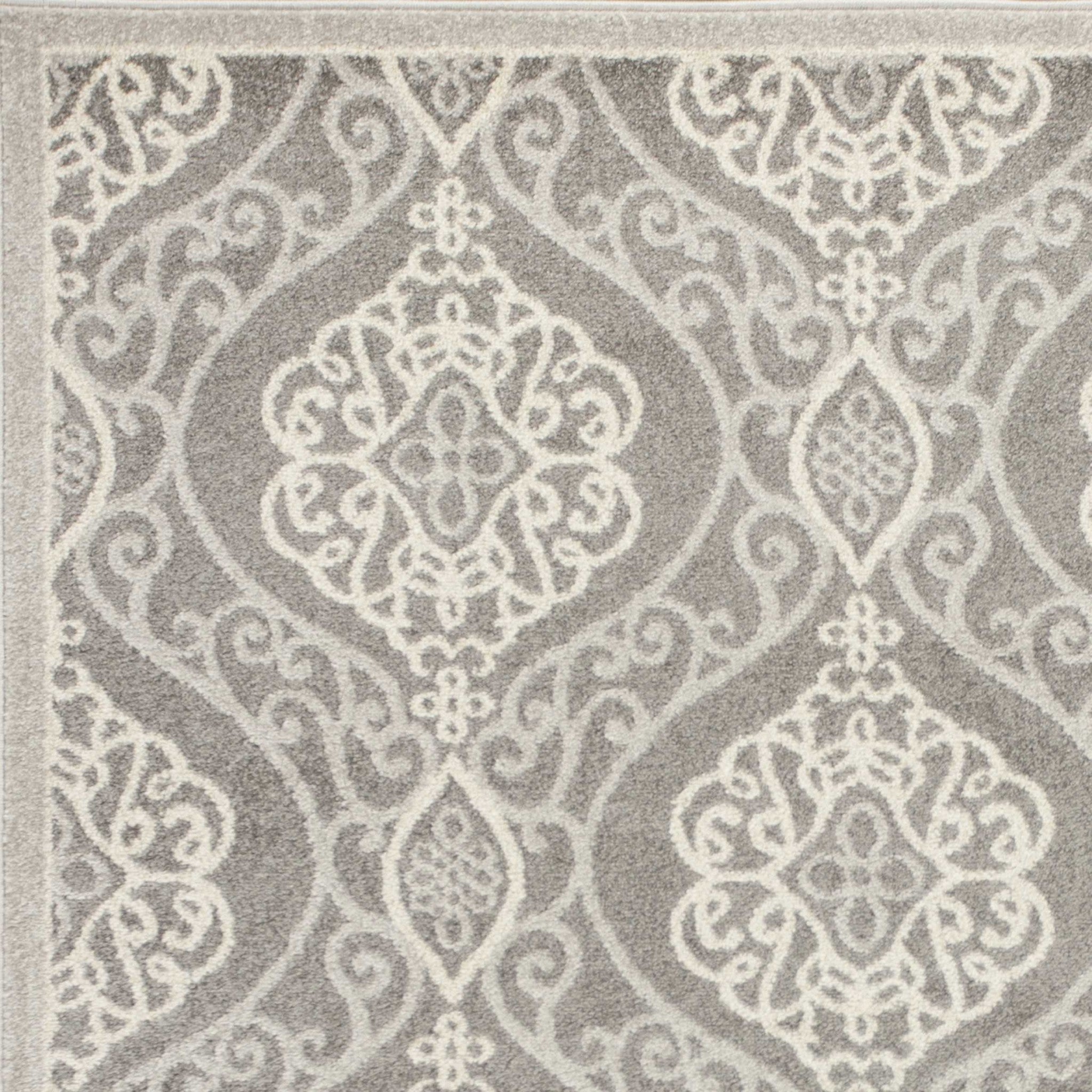 2x4 Silver Grey Machine Woven UV Treated Floral Ogee rug, showcasing elegant floral pattern and durable polypropylene material.