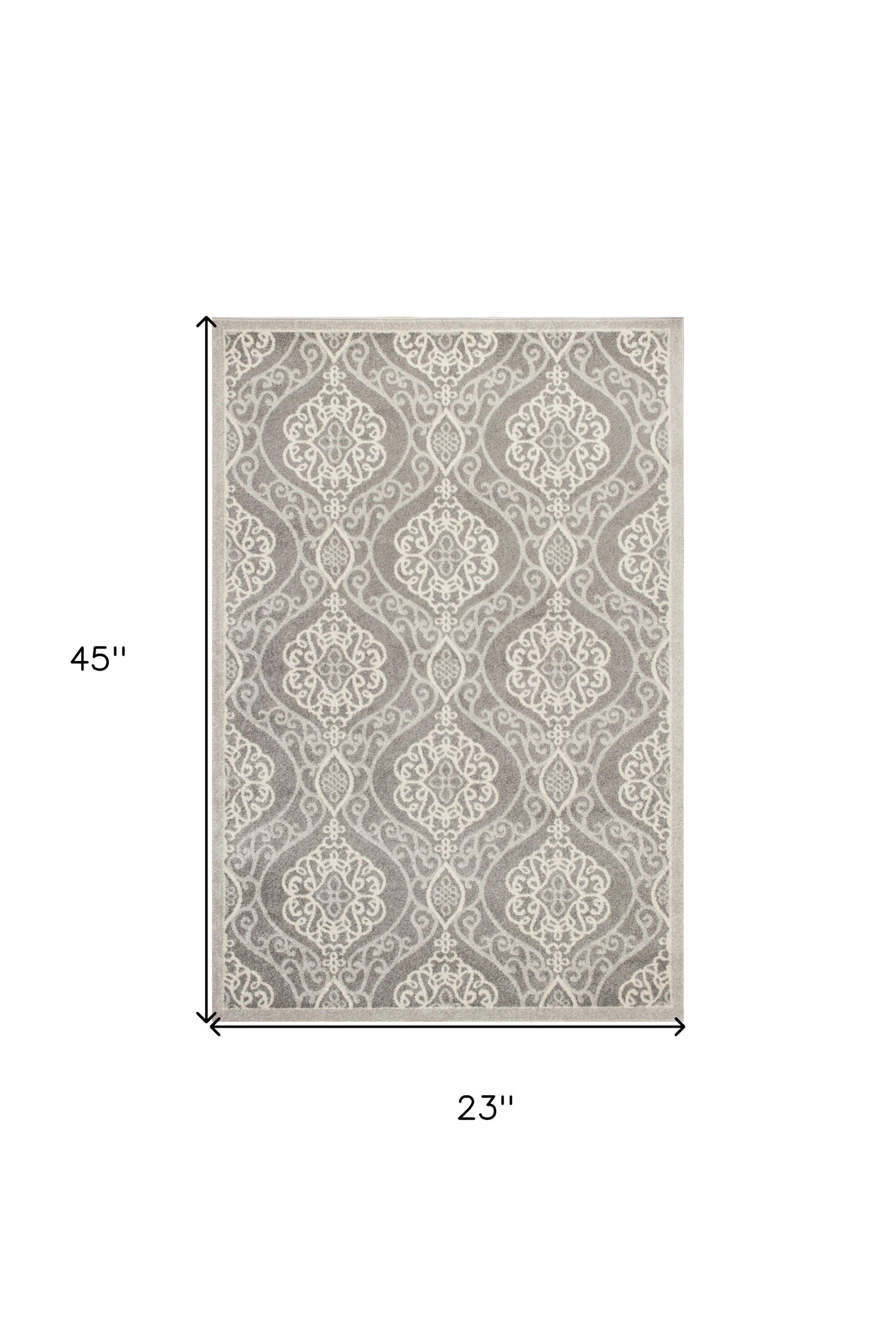 2x4 Silver Grey Machine Woven UV Treated Floral Ogee rug, showcasing elegant floral pattern and durable polypropylene material.