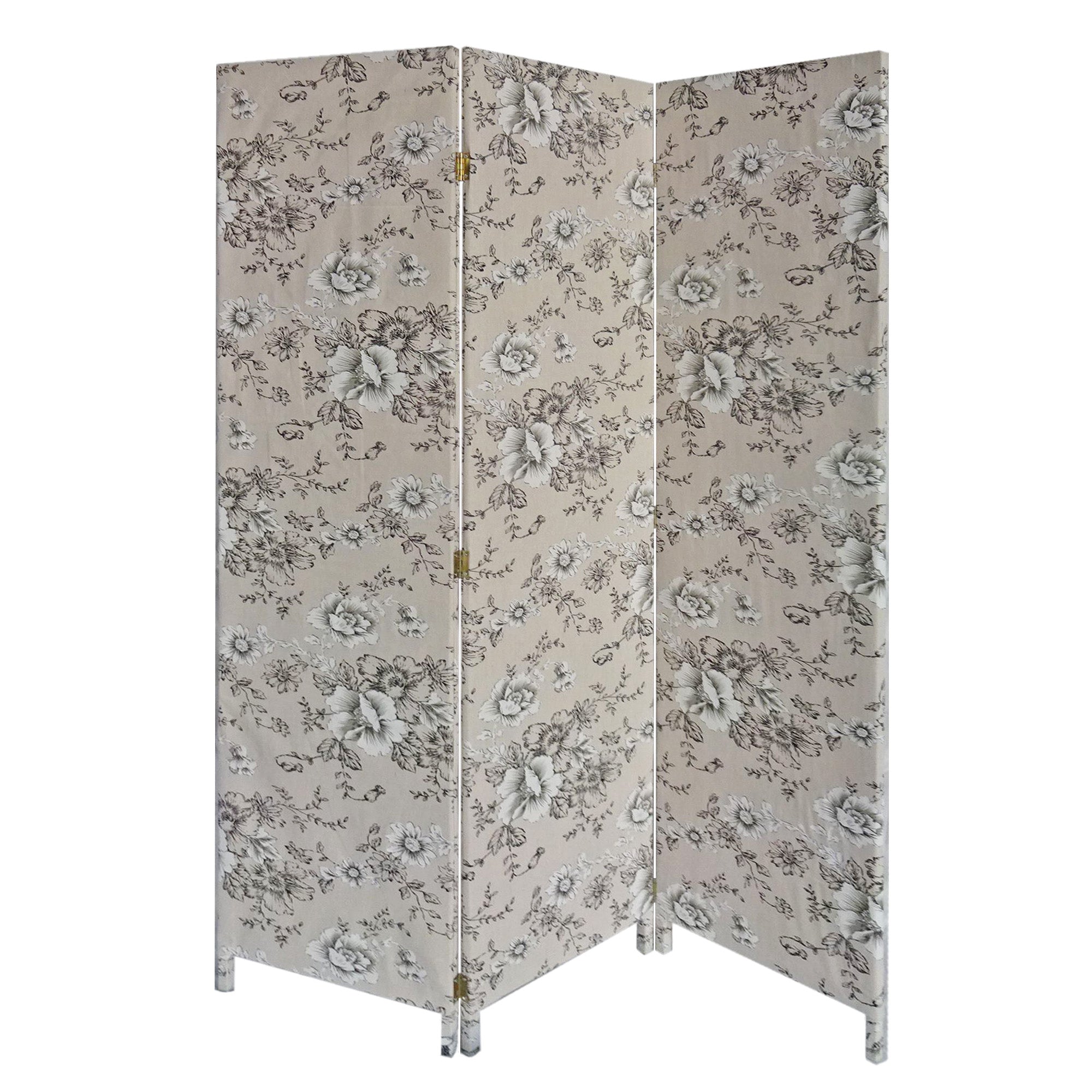 3 panel room divider featuring a beige and black soft fabric finish with a floral pattern, ideal for sectioning spaces.