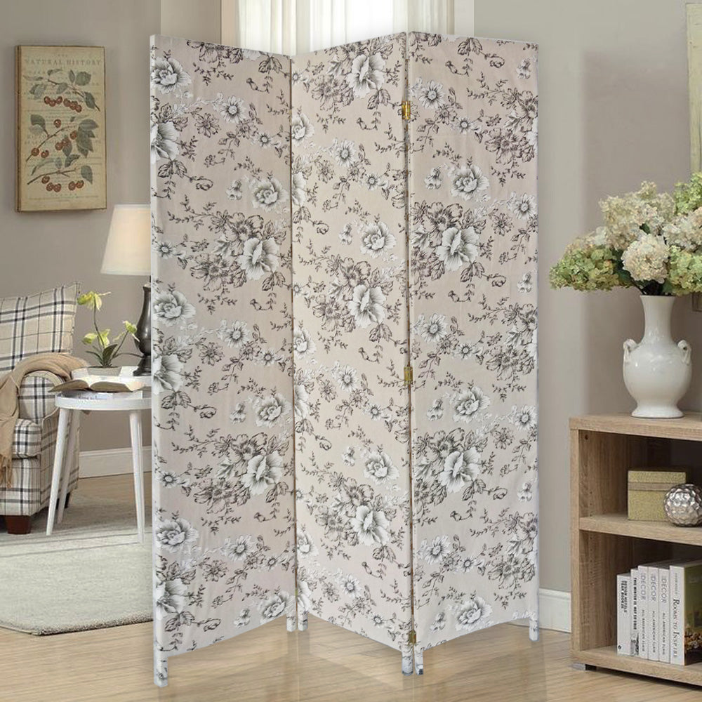 3 panel room divider featuring a beige and black soft fabric finish with a floral pattern, ideal for sectioning spaces.