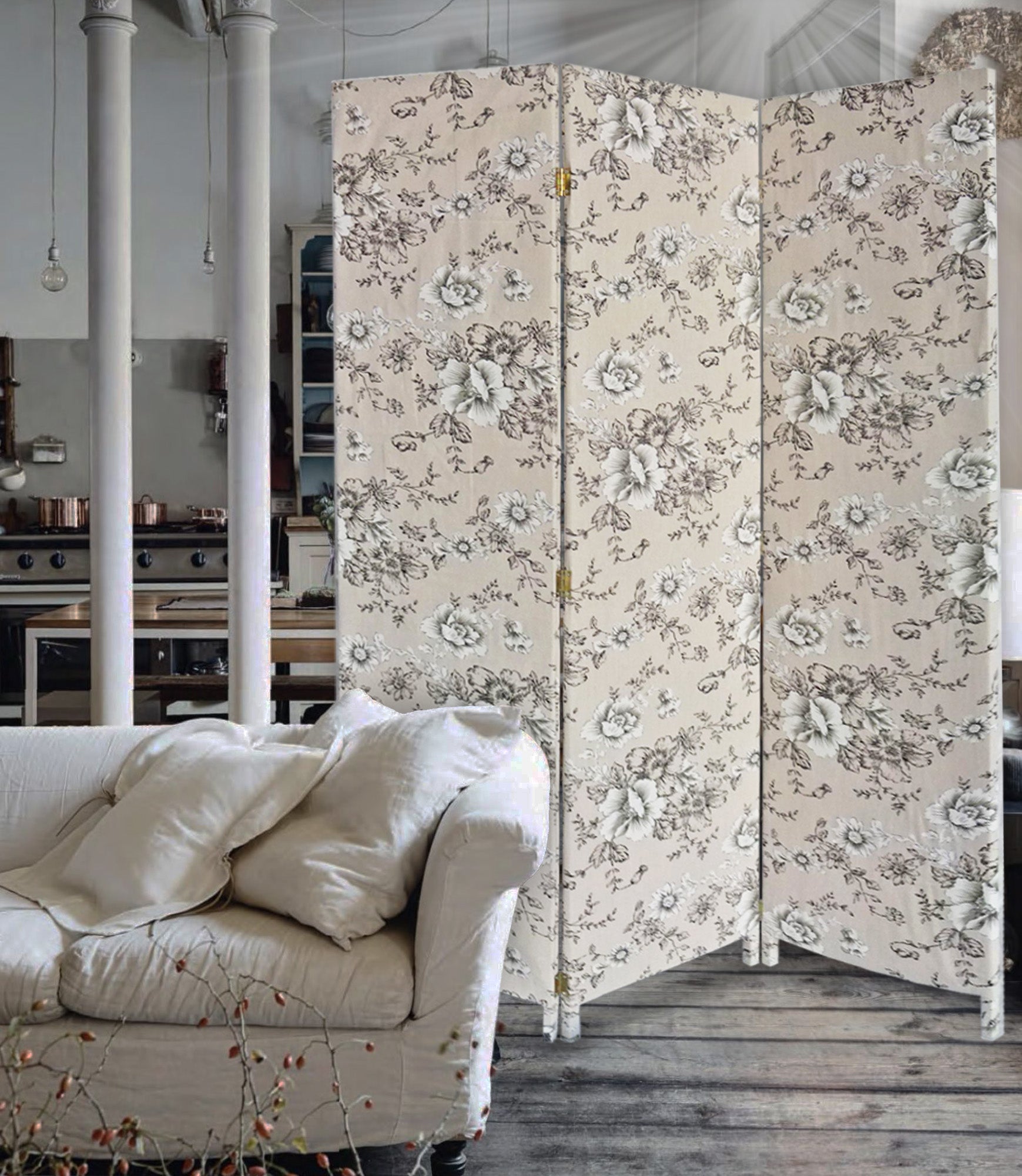 3 panel room divider featuring a beige and black soft fabric finish with a floral pattern, ideal for sectioning spaces.