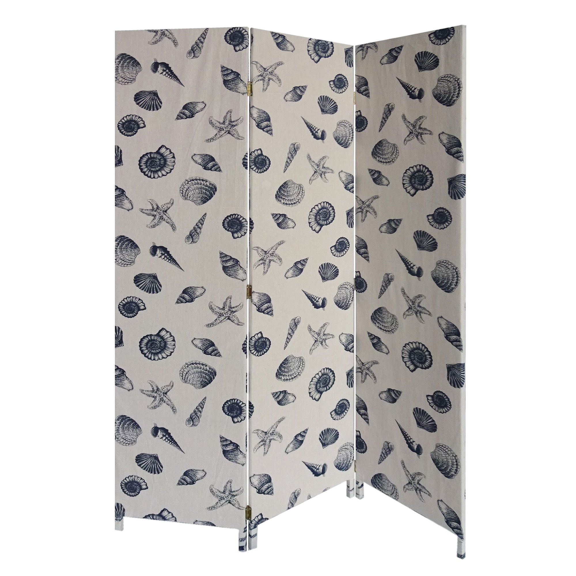 3 Panel Beige and Blue Soft Fabric Finish Room Divider with seashell pattern, showcasing its elegant design and lightweight structure.