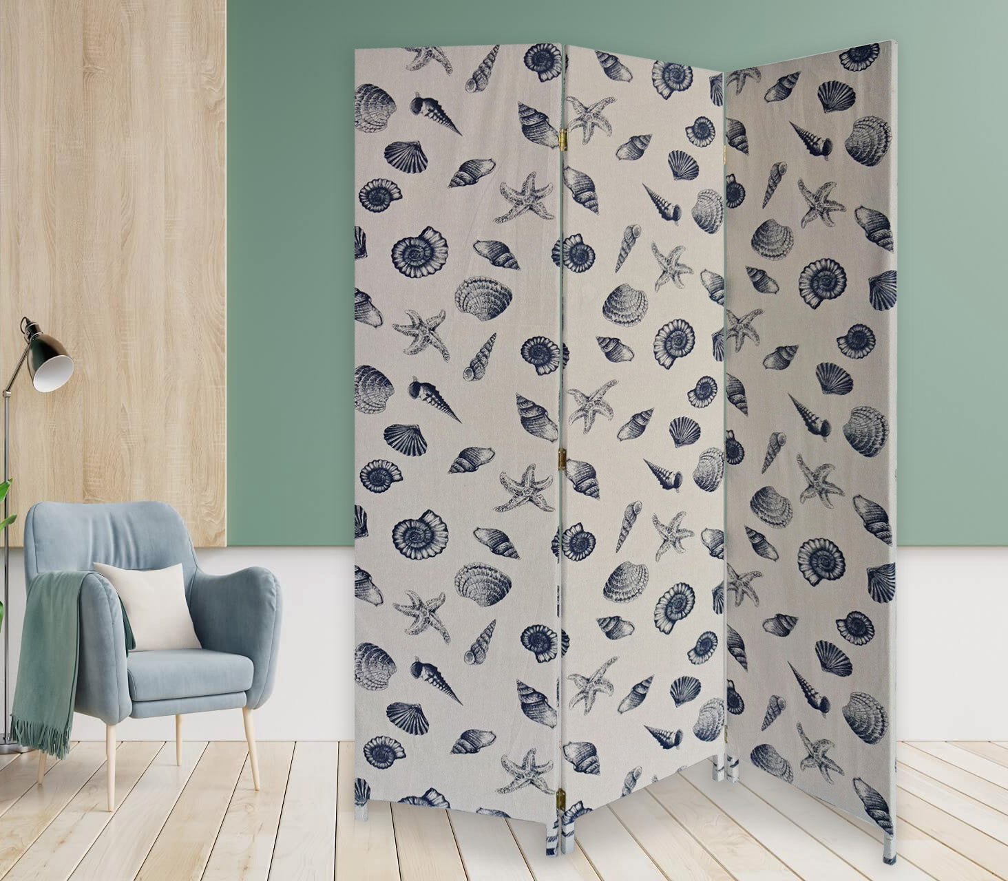 3 Panel Beige and Blue Soft Fabric Finish Room Divider with seashell pattern, showcasing its elegant design and lightweight structure.