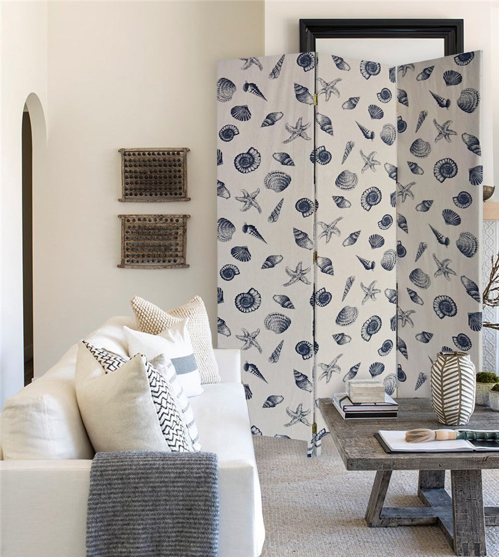 3 Panel Beige and Blue Soft Fabric Finish Room Divider with seashell pattern, showcasing its elegant design and lightweight structure.