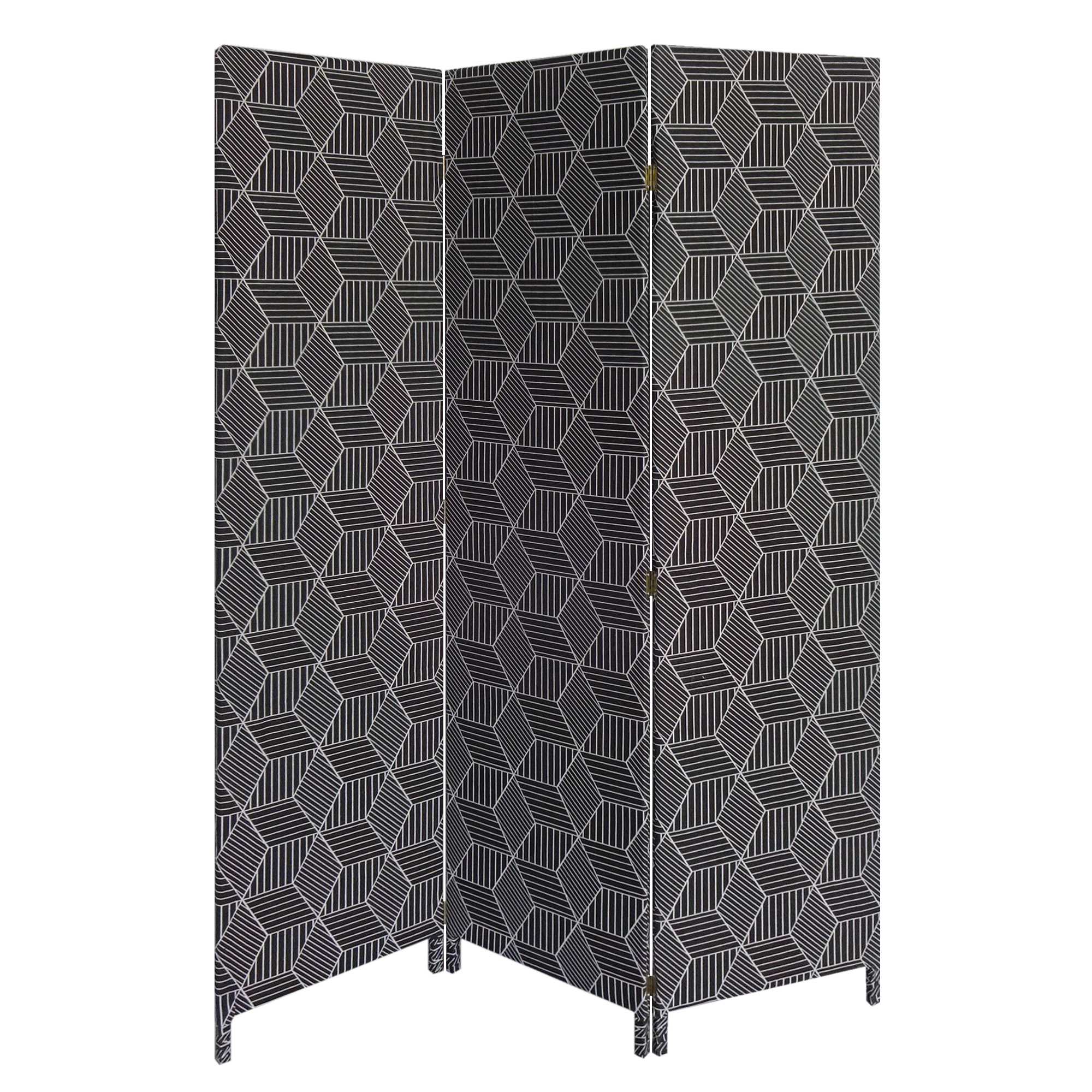 3 Panel Black Soft Fabric Finish Room Divider featuring a geometric pattern, ideal for sectioning spaces.