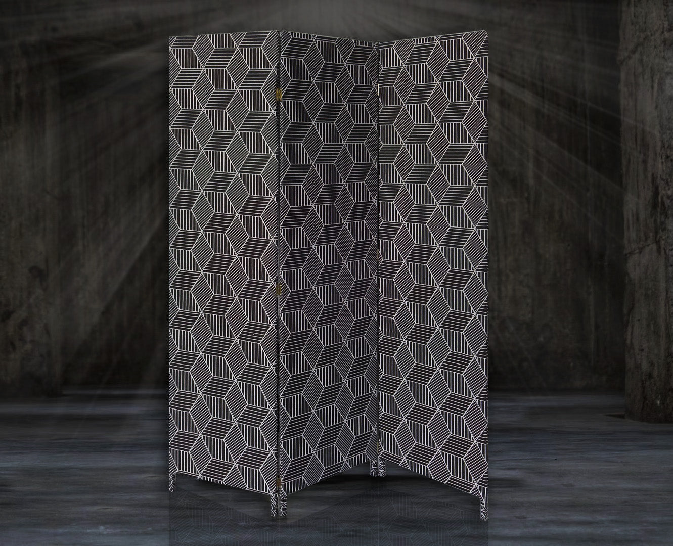 3 Panel Black Soft Fabric Finish Room Divider featuring a geometric pattern, ideal for sectioning spaces.