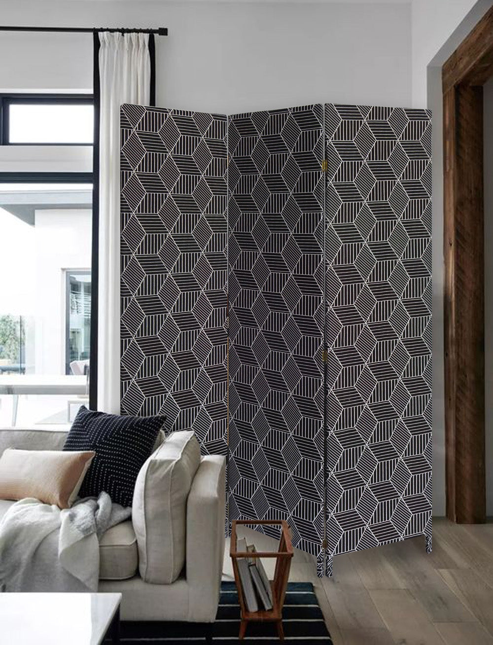 3 Panel Black Soft Fabric Finish Room Divider featuring a geometric pattern, ideal for sectioning spaces.