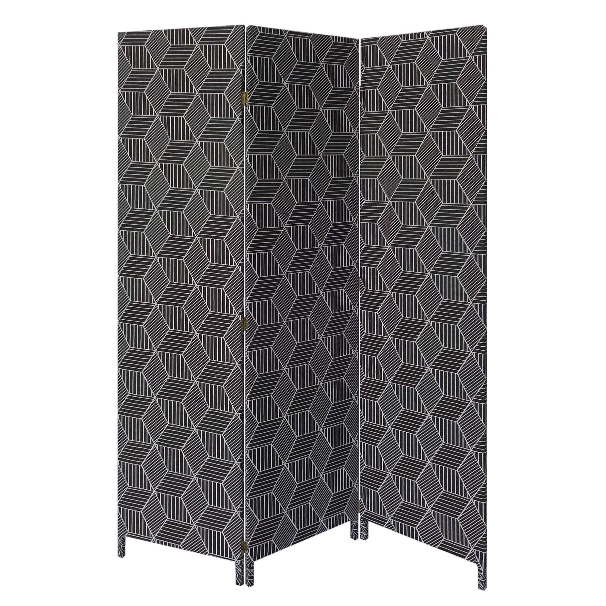 3 Panel Black Soft Fabric Finish Room Divider featuring a geometric pattern, ideal for sectioning spaces.