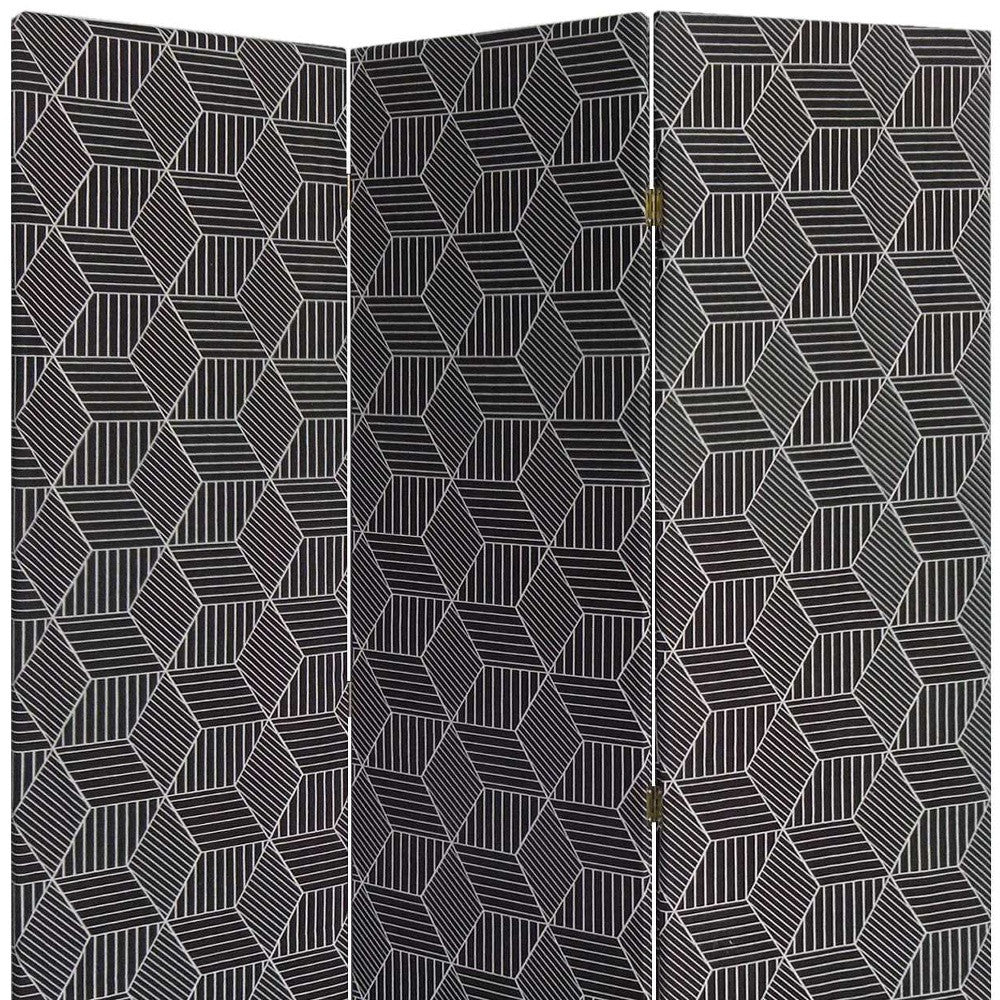 3 Panel Black Soft Fabric Finish Room Divider featuring a geometric pattern, ideal for sectioning spaces.