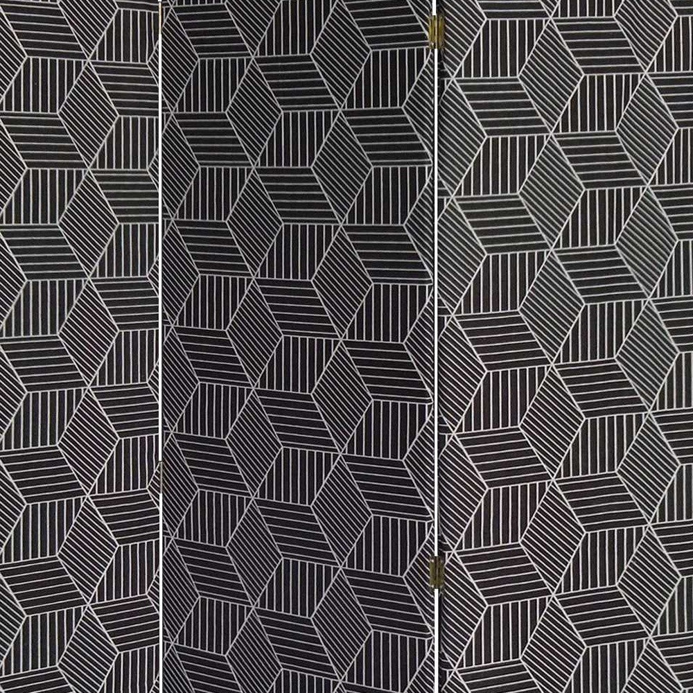 3 Panel Black Soft Fabric Finish Room Divider featuring a geometric pattern, ideal for sectioning spaces.