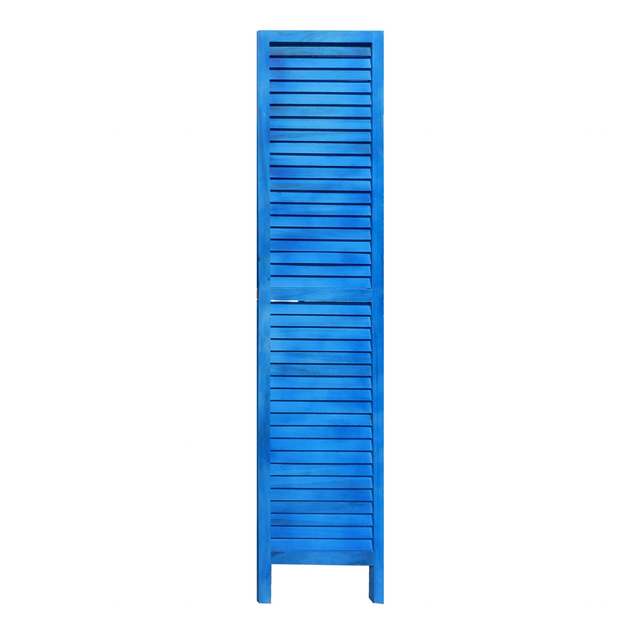 3 Panel Light Blue Shutter Screen Room Divider showcasing elegant design and light filtering slats, perfect for privacy and decor.