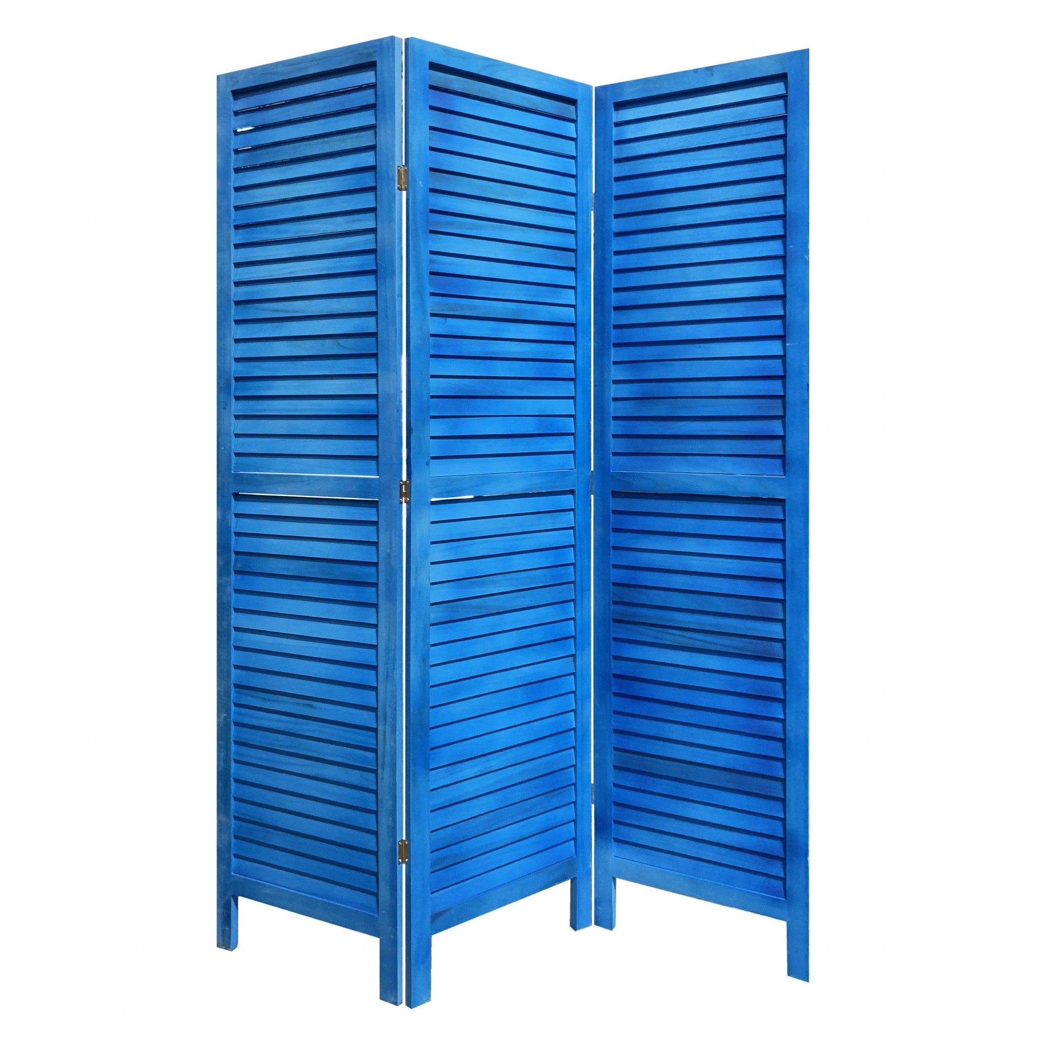 3 Panel Light Blue Shutter Screen Room Divider showcasing elegant design and light filtering slats, perfect for privacy and decor.