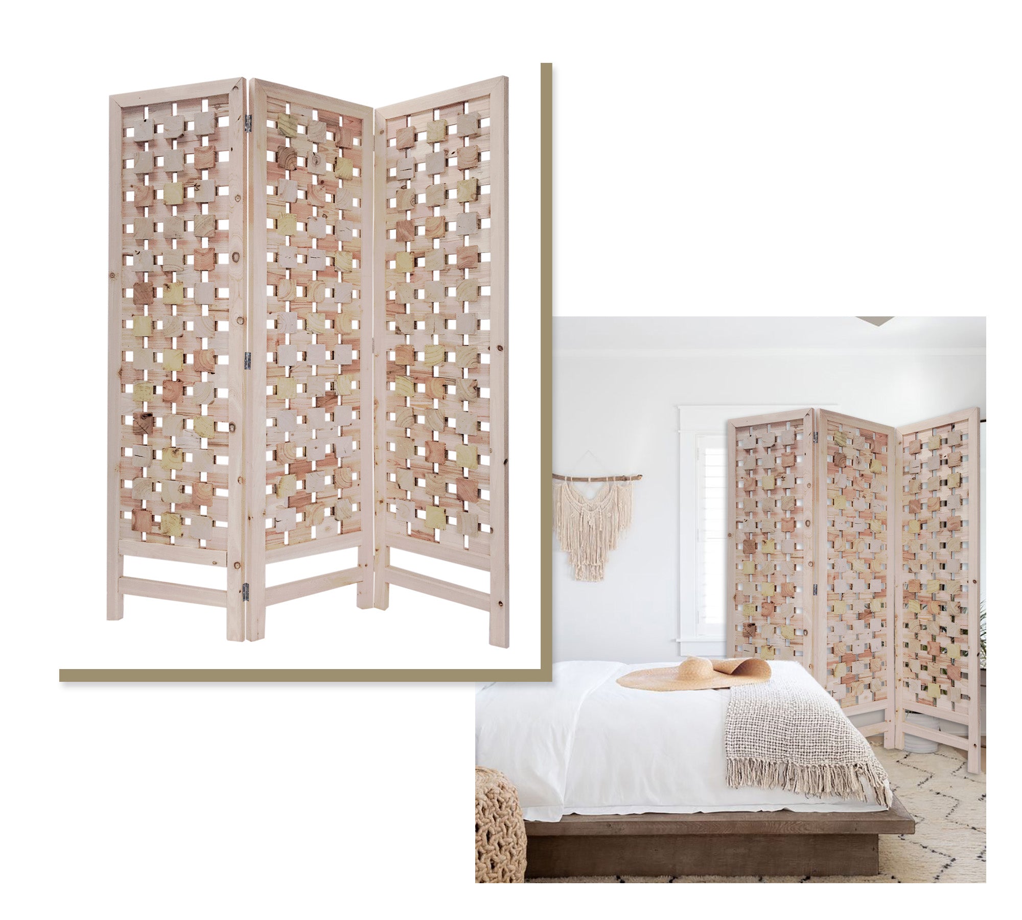 3 Panel Pink Room Divider featuring a unique cut square wood design, showcasing its elegant pink color and organic style.