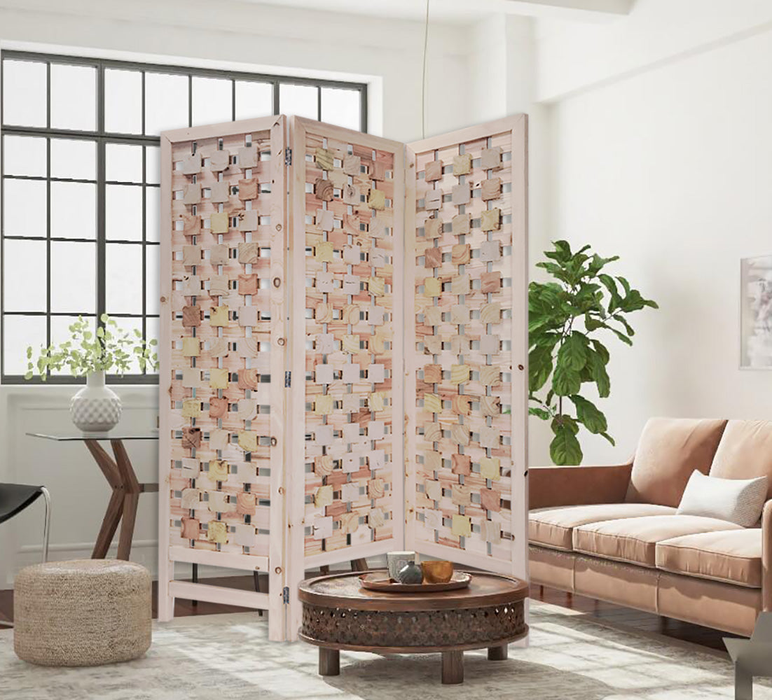 3 Panel Pink Room Divider featuring a unique cut square wood design, showcasing its elegant pink color and organic style.