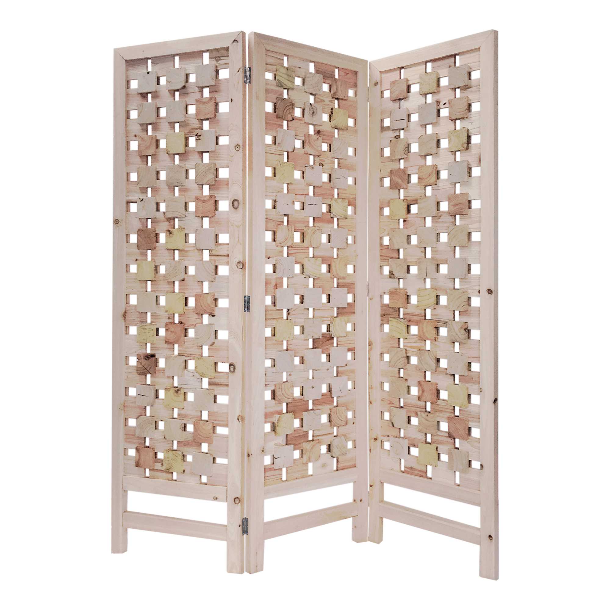 3 Panel Pink Room Divider featuring a unique cut square wood design, showcasing its elegant pink color and organic style.