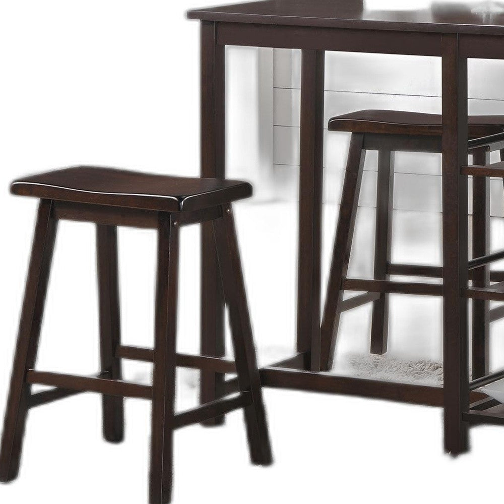 3 Piece Counter Height Set in Walnut featuring a rectangular table and two matching stools with wooden saddle seats.