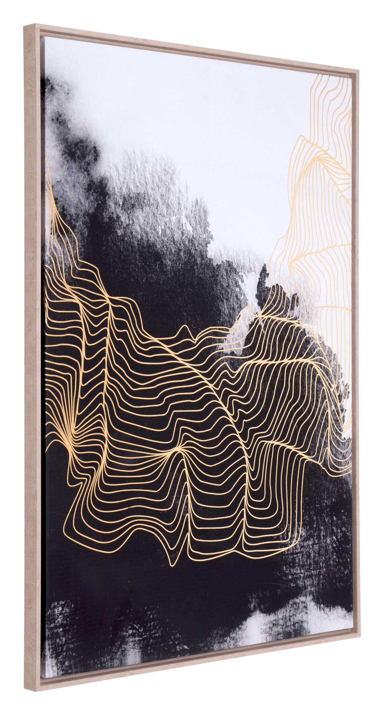 A modern multicolor canvas art piece featuring fine gold lines on a black background, framed in champagne wood.