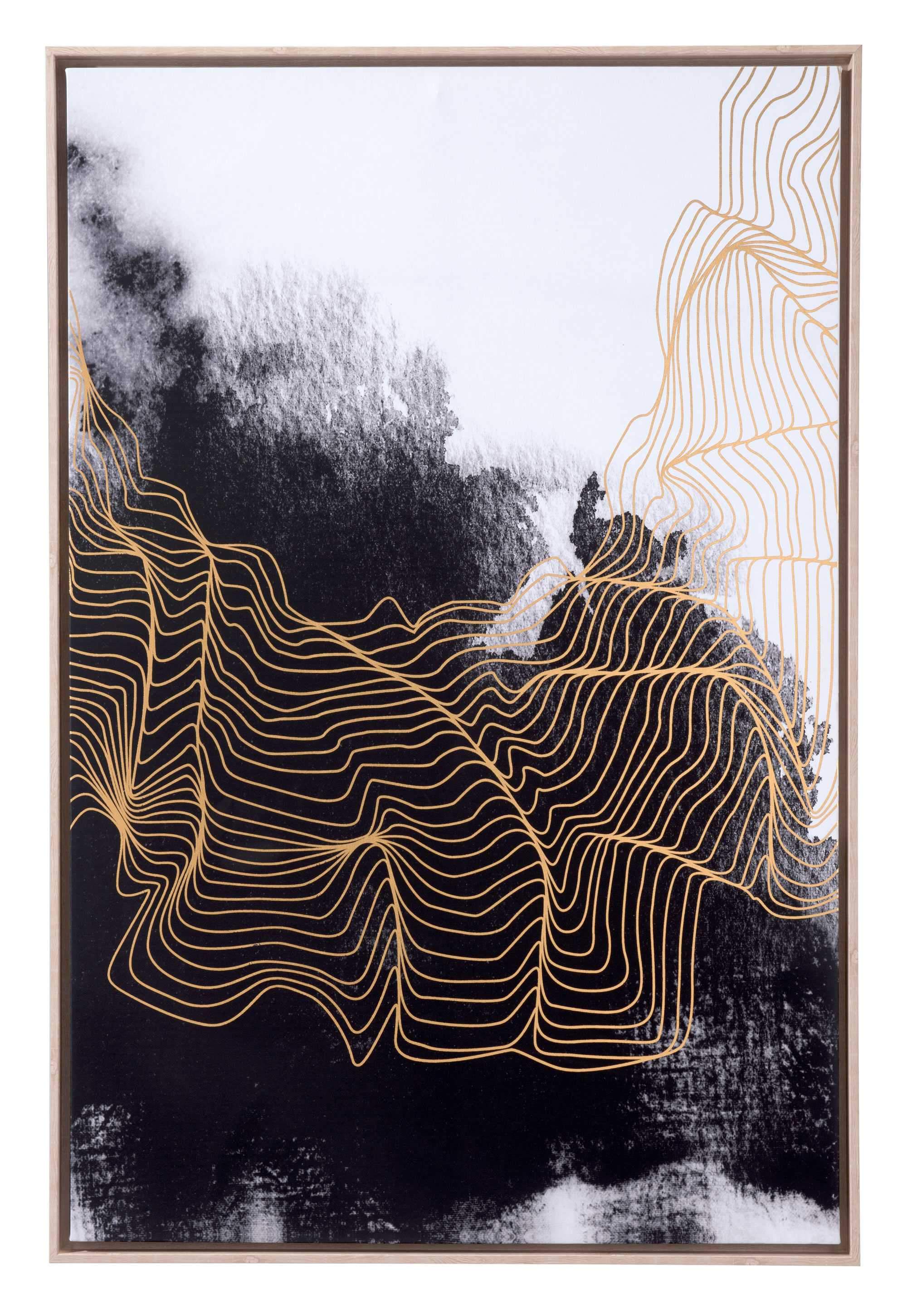 A modern multicolor canvas art piece featuring fine gold lines on a black background, framed in champagne wood.