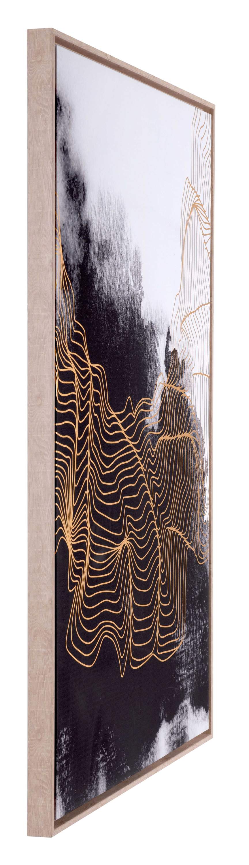 A modern multicolor canvas art piece featuring fine gold lines on a black background, framed in champagne wood.