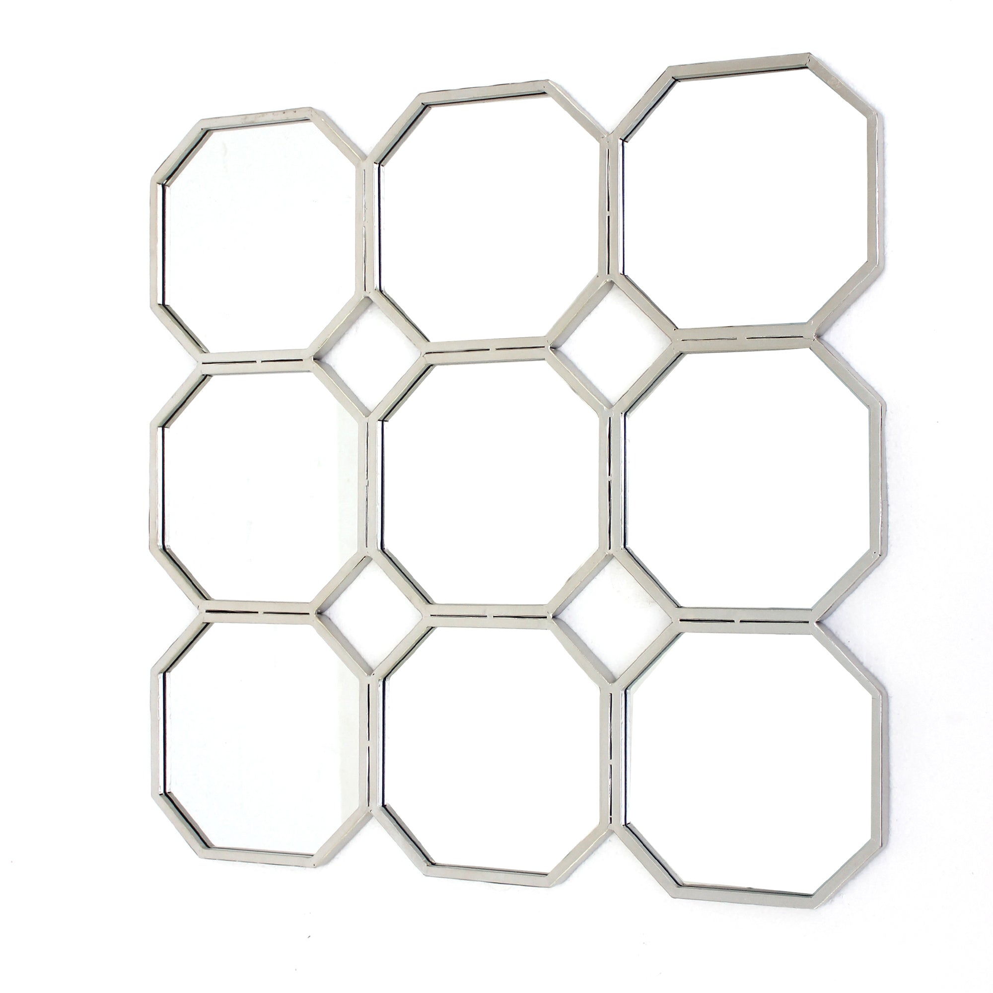 30.5 x 30.5 x 1 Silver Mirrored Metal Wall Sculpture featuring nine octagonal mirrors in a contemporary geometric pattern.