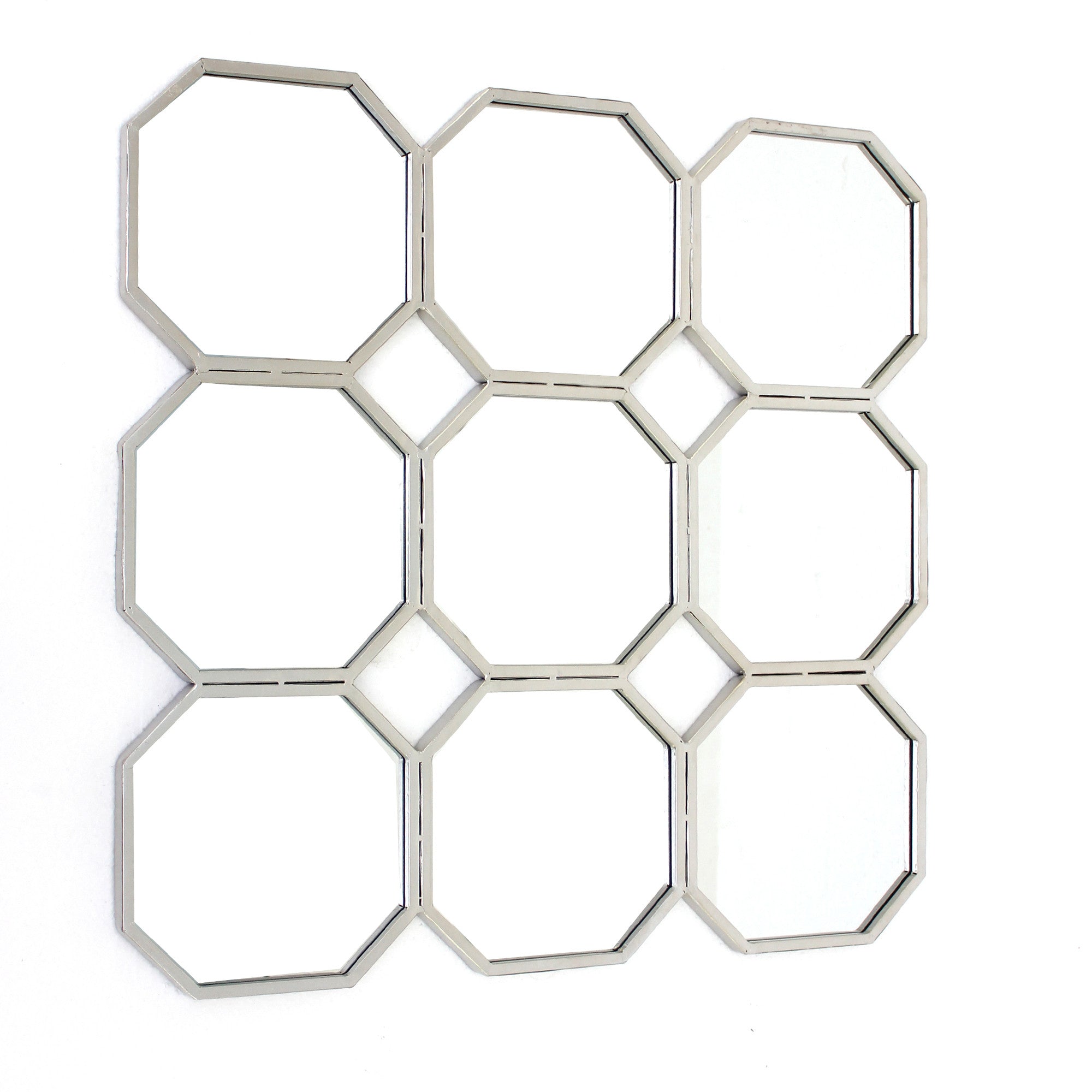 30.5 x 30.5 x 1 Silver Mirrored Metal Wall Sculpture featuring nine octagonal mirrors in a contemporary geometric pattern.