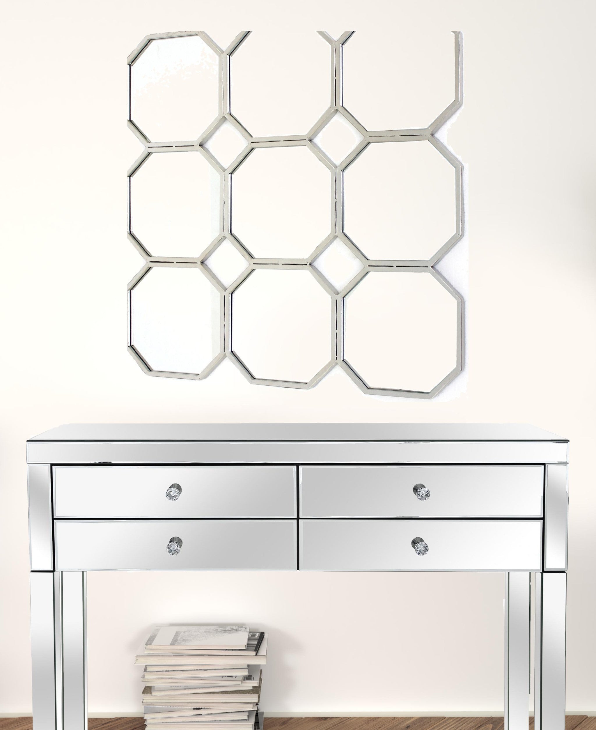 30.5 x 30.5 x 1 Silver Mirrored Metal Wall Sculpture featuring nine octagonal mirrors in a contemporary geometric pattern.