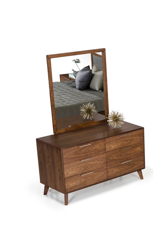 30-inch walnut veneer MDF and wood dresser featuring six drawers and a stylish design, perfect for living rooms or bedrooms.