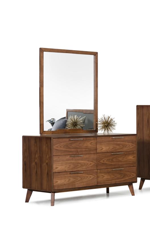 30-inch walnut veneer MDF and wood dresser featuring six drawers and a stylish design, perfect for living rooms or bedrooms.