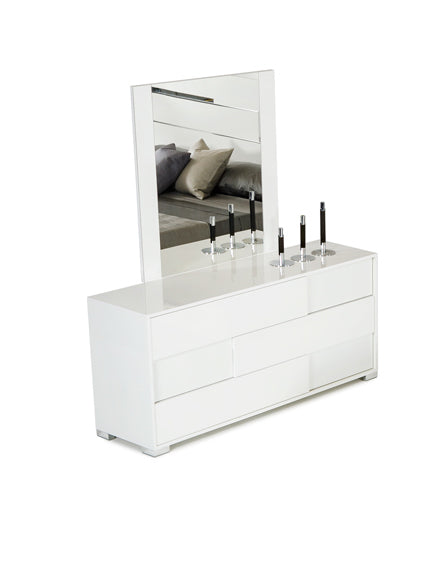 30-inch white MDF and steel dresser with three drawers, showcasing a modern design suitable for bedroom or living room.